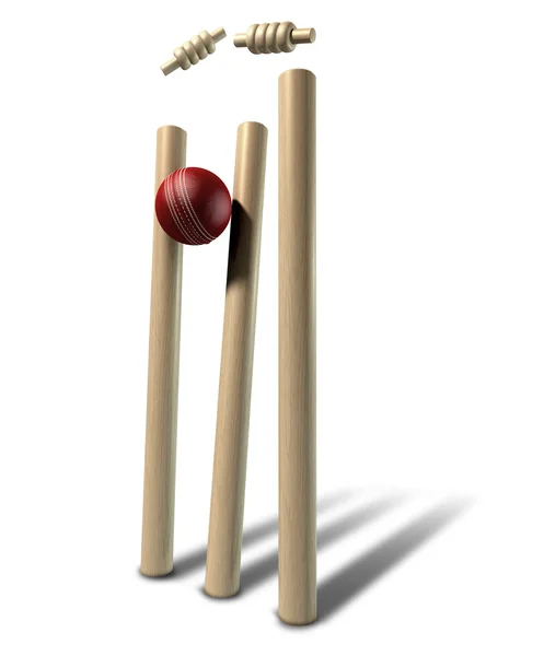 Palla di cricket colpire wickets prospettiva isolato — Foto Stock