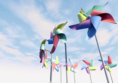 Mavi gökyüzü perspektif üzerinde renkli pinwheels
