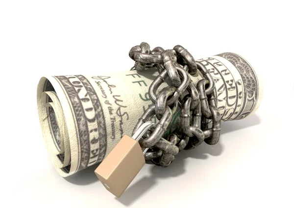 Rolled Up And Shackled Dollars Lying — Stock Photo, Image