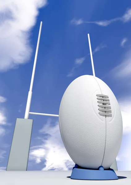 Rugby boll närbild infront av inlägg — Stockfoto