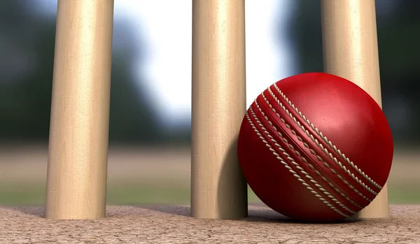 Cricket Ball At Base Of Wickets — Stok fotoğraf