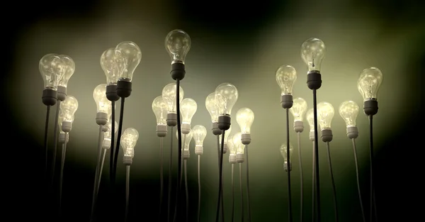 Light Bulbs Aiming Skyward With Eerie Glow — Stock Photo, Image