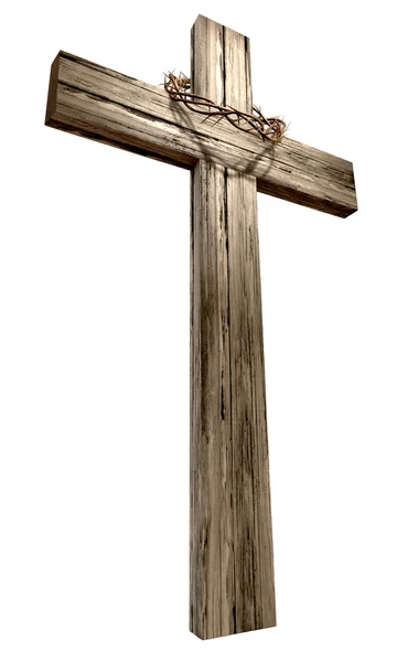 Dřevěný kříž s korunou z trní — Stock fotografie