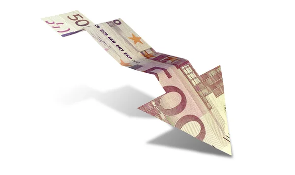 Strzałka trend spadkowy banknotów euro — Zdjęcie stockowe