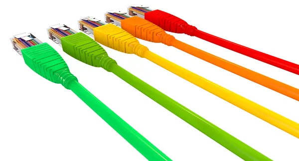 Câbles Ethernet Couleurs débranchées pointant vers l'extérieur Fermer — Photo