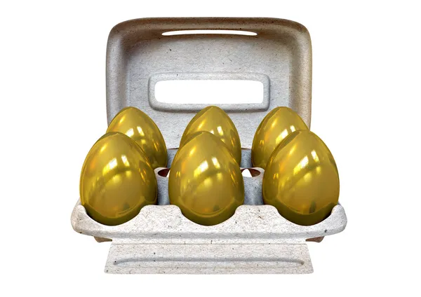 Sześć złotych jaj w opakowaniu jaj — Zdjęcie stockowe