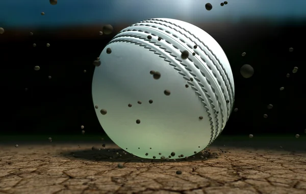 Cricket Ball Striking Ground With Particles At Night — Stock Photo, Image