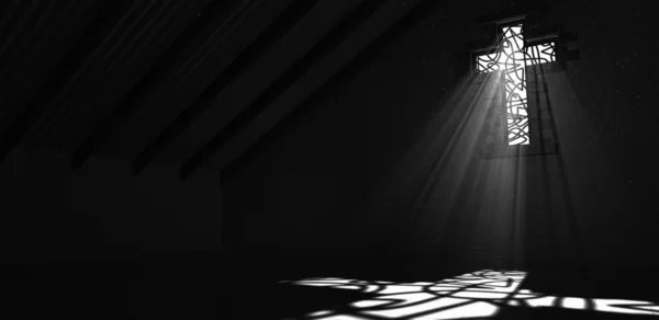 Witrażowe okna krucyfiks czarno-białe — Zdjęcie stockowe