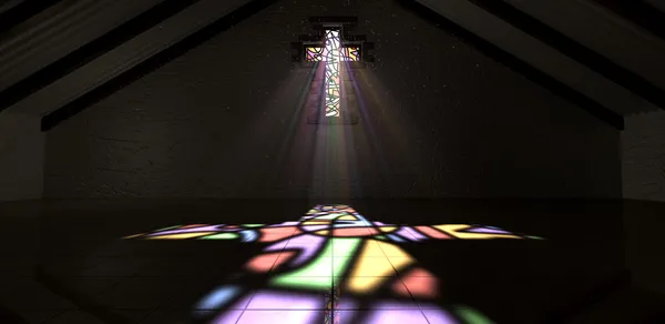 Gebrandschilderd glas vensterkleur kruisbeeld lichtstraal — Stockfoto