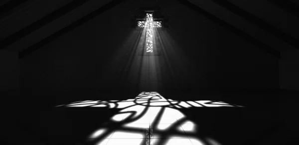 Crucifixo de janela de vidro manchado preto e branco — Fotografia de Stock