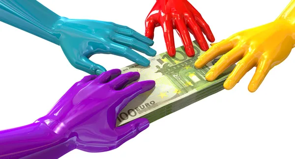 Manos acaparamiento colorido en billetes de euro — Foto de Stock