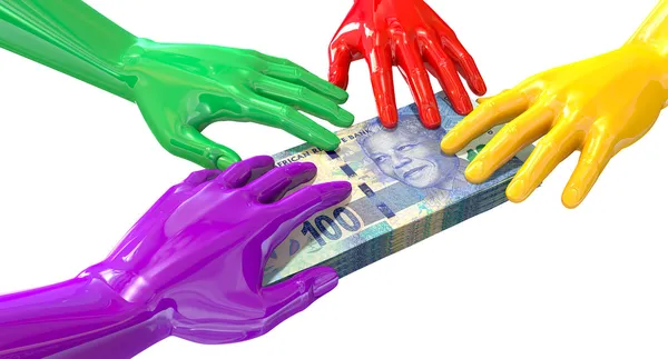 Hands Colorful Grabbing At South African Rands — Stock Photo, Image
