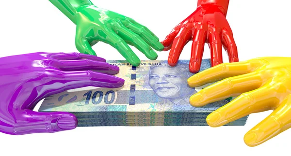 Manos acaparamiento colorido en rands sudafricanos — Foto de Stock