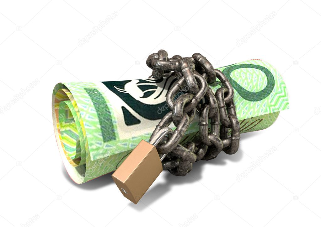 Rolled Up And Shackled Australian Dollar Notes Standing