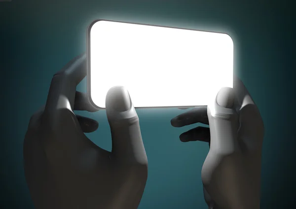 Manos y teléfono inteligente genérico iluminado — Foto de Stock