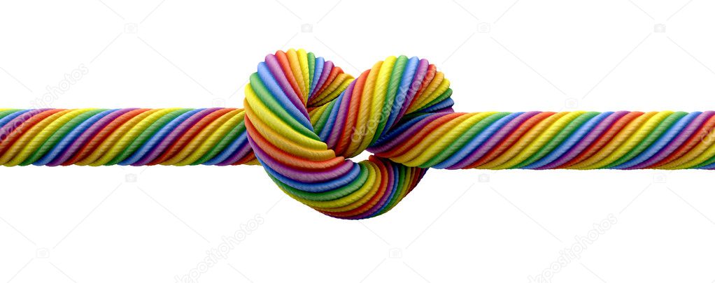 A Rainbow Colored Rope Tied Into A Knot Stock Photo, Picture and