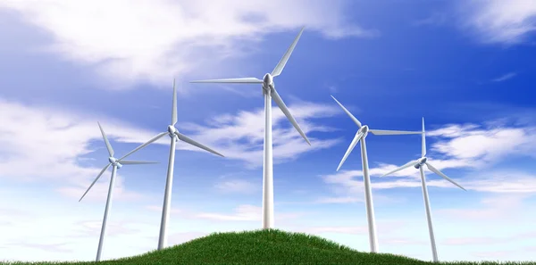 Wind Turbines Blue Sky And Grass Hill — Stock Photo, Image