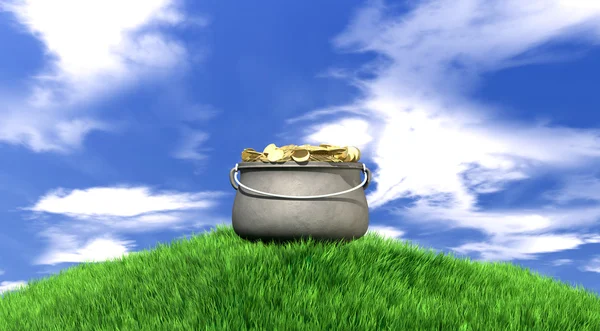 Pot Of Gold On Grassy Hill — Stock Photo, Image