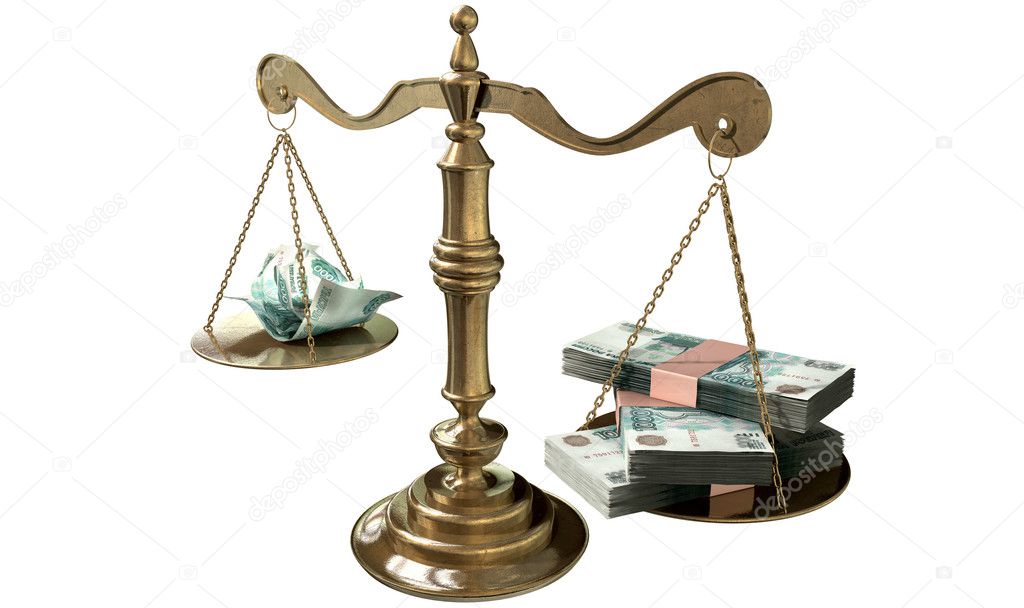 A scale of justice with a stack of money on one side and a book on the other