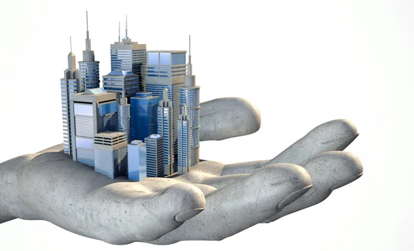 Wolkenkrabber plaats (city) in de palm van een hand — Stockfoto