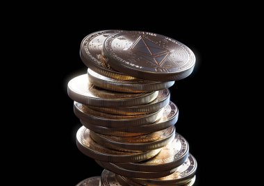 Koyu bir arkaplan üzerinde parçalanmış ve düşen bir yığın altın madeni para - 3 boyutlu canlandırma