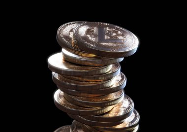 Çöken ve düşen altın bir yığın fiziksel litekoin madeni para karanlık bir arka planda - 3D görüntüleme