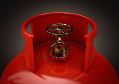 Koyu arkaplanda markasız bir metal gaz silindirinin kapakçığına yakın çekim - 3 boyutlu görüntüleme