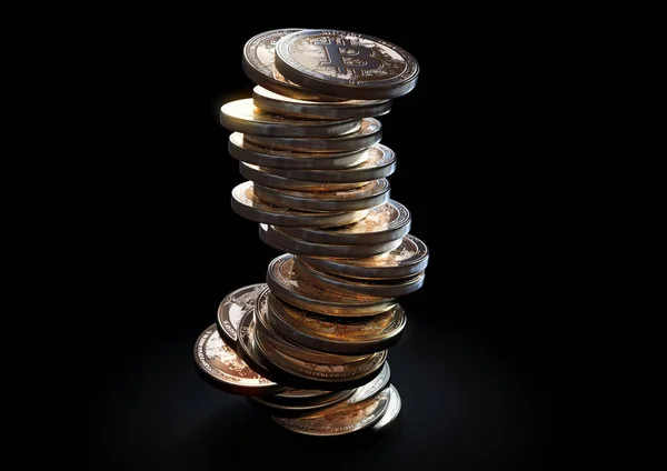 Ein Zerbröselnder Und Fallender Stapel Physischer Bitcoin Goldmünzen Auf Dunklem — Stockfoto