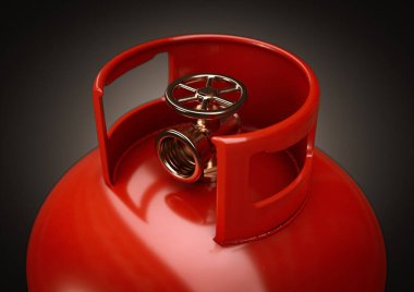 Koyu arkaplanda markasız bir metal gaz silindirinin kapakçığına yakın çekim - 3 boyutlu görüntüleme