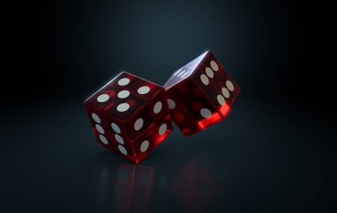 A pair of transparent red casino dice with white markings in action rolling on a dark isolated background - 3D render clipart