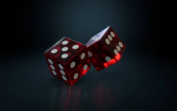 A pair of transparent red casino dice with white markings in action rolling on a dark isolated background - 3D render
