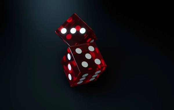 A pair of transparent red casino dice with white markings in action rolling on a dark isolated background - 3D render