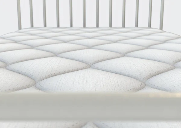 一个简单的白色床垫 上面装饰着装饰品 床身上有织物边的旧金属框架医院床 3D渲染 — 图库照片