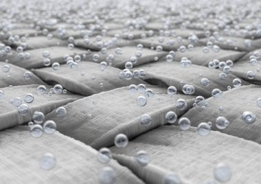 A microscopic view of a simple woven textile fabric and water bubbles floating above the surface - 3D render clipart