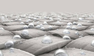 Basit bir dokuma kumaşının mikroskobik görüntüsü ve su kabarcıkları yüzeye emiyor - 3D görüntüleme