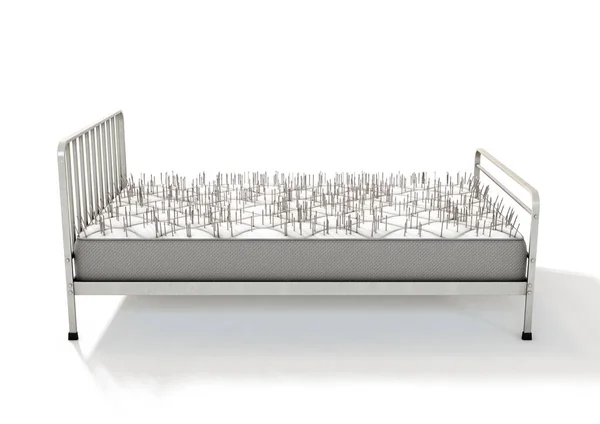 一个字面上的隐喻 在一个孤立的白色工作室背景上 有一个金属框架床 床垫上钉着钉子 3D渲染 — 图库照片