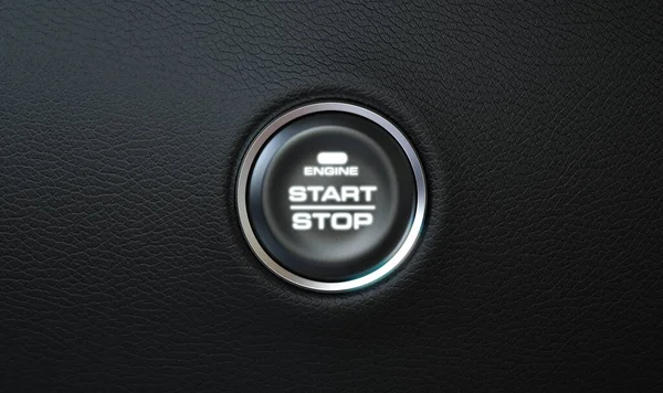 Közeli Kép Modern Autó Start Stop Gomb Egy Fekete Bőr — Stock Fotó