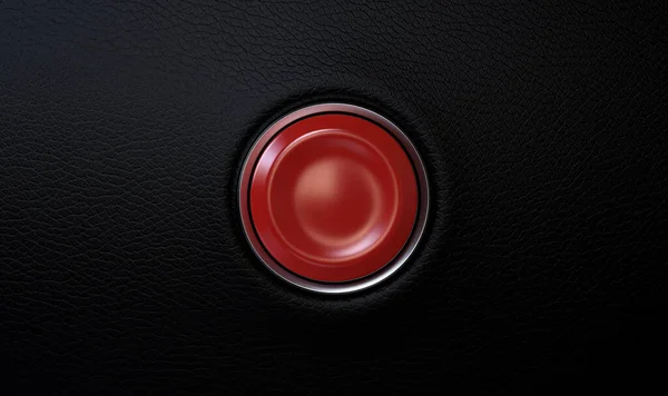 Detailní Záběr Kulatého Červeného Tlačítka Zasazeného Povrchu Černé Kůže Vykreslování — Stock fotografie