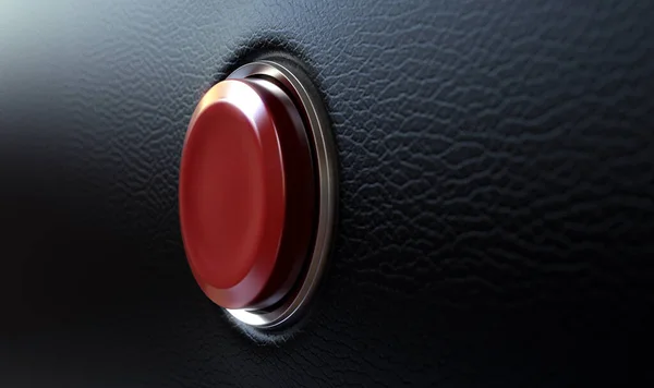 Gros Plan Bouton Rond Rouge Sur Une Surface Texturée Cuir — Photo