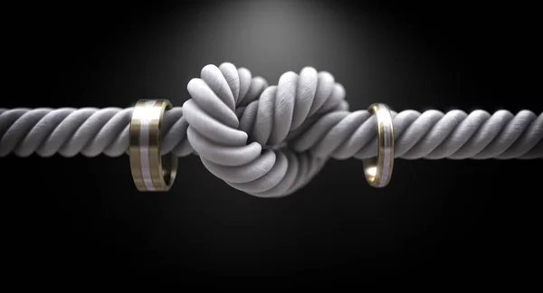 Coarse Rope Knot Tied Middle Threaded Two Wedding Rings Attached — Stock Photo, Image