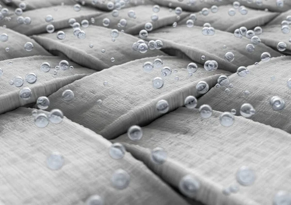 Uma Visão Microscópica Tecido Têxtil Simples Bolhas Água Flutuando Acima — Fotografia de Stock