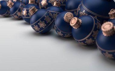 A collection of navy blue christmas baubles decorated with fine ornate snowflake patterns in copper on an isolated white background - 3D render clipart