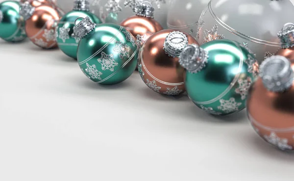 ローズゴールドのミントとホワイトのクリスマスのボールのコレクションは 孤立した白い背景に銀の繊細な華やかな雪の結晶パターンで飾られています 3Dレンダリング — ストック写真