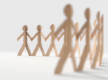 İzole edilmiş beyaz stüdyo arka planında bir sıra kahverengi kartondan kesme adam - 3D