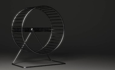 İzole edilmiş karanlık stüdyo arka planında boş bir hamster tekerleğinin yakın çekimi - 3 boyutlu canlandırma