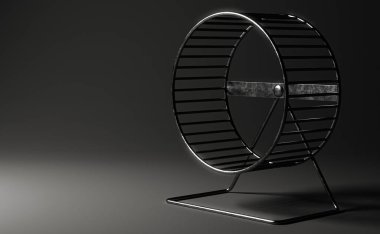 İzole edilmiş karanlık stüdyo arka planında boş bir hamster tekerleğinin yakın çekimi - 3 boyutlu canlandırma