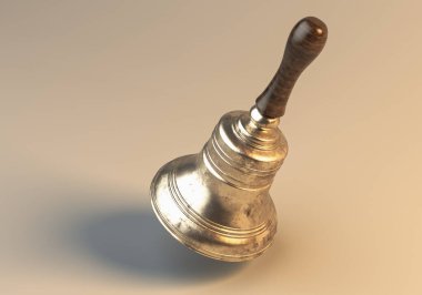 Tecrit edilmiş bir arka planda asılı duran ahşap saplı eski bir metal okul çanı.