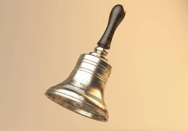 Old Brass Metal School Bell Wooden Handle Hovering Isolated Background — Stock Photo, Image