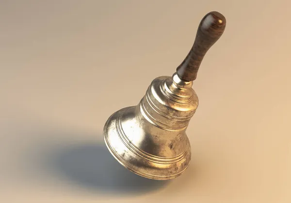 Old Brass Metal School Bell Wooden Handle Hovering Isolated Background — Stock Photo, Image