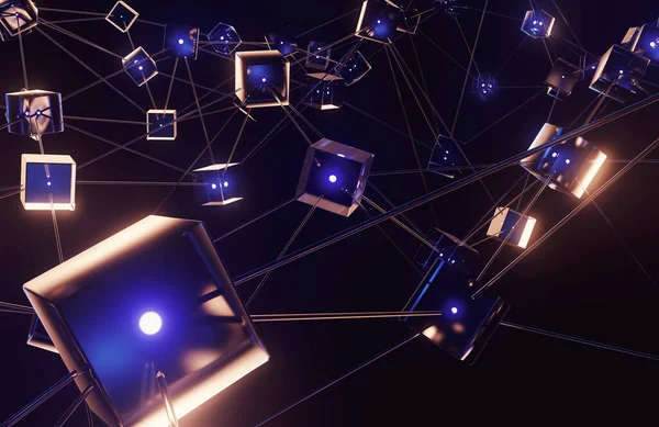 Uma Rede Blocos Interconectados Luzes Que Retratam Dados Blockchain Criptomoeda — Fotografia de Stock